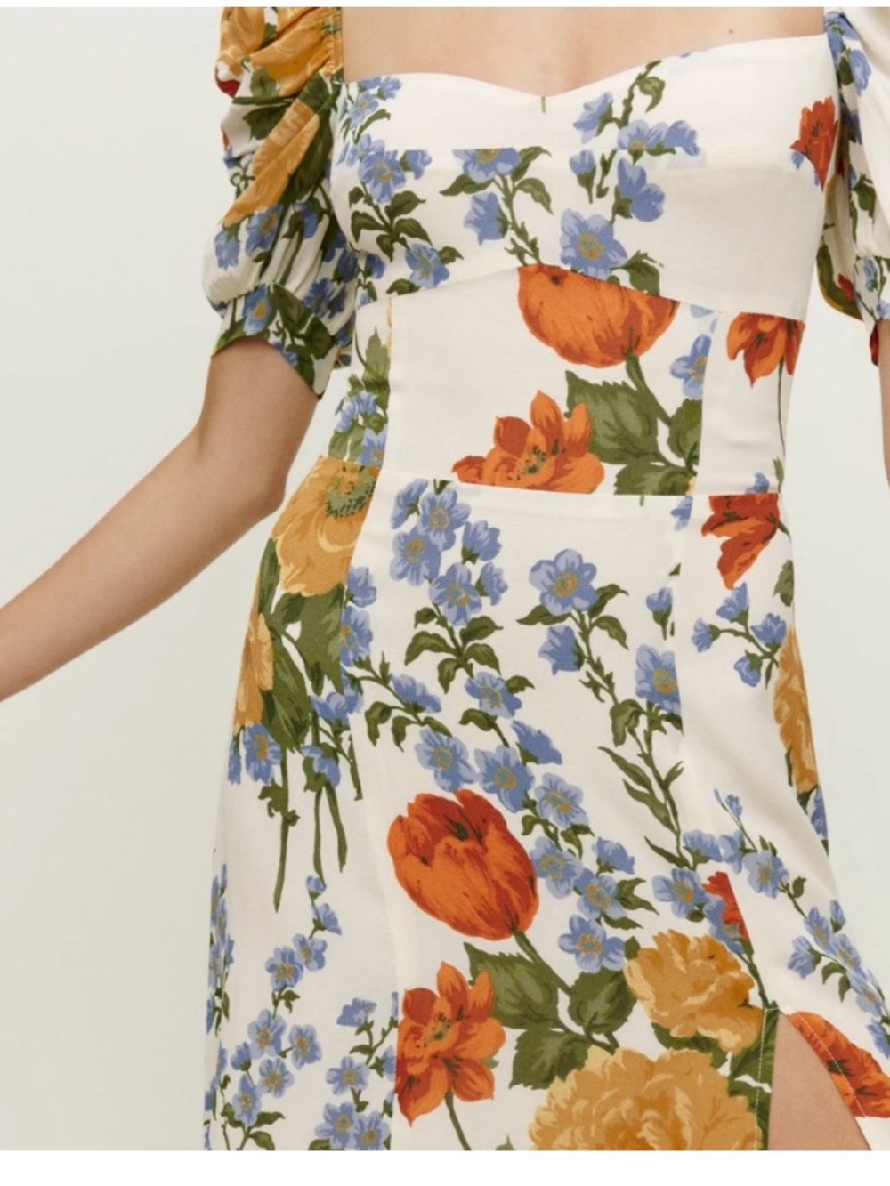 Reformation Cream Midi Dress with Orange & Blue Floral Print